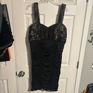 Black Lace Ruched Bodycon Dress